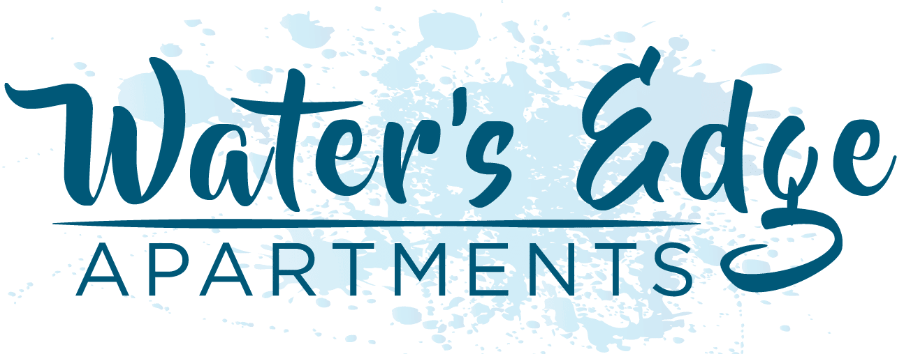 Water's Edge Apartments logo with blue paint splash background.